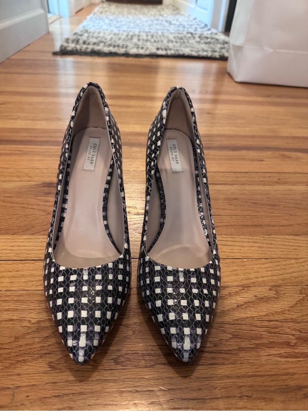 Cole Haan Eliza Black and White Geometric Pointed-Toe Pumps